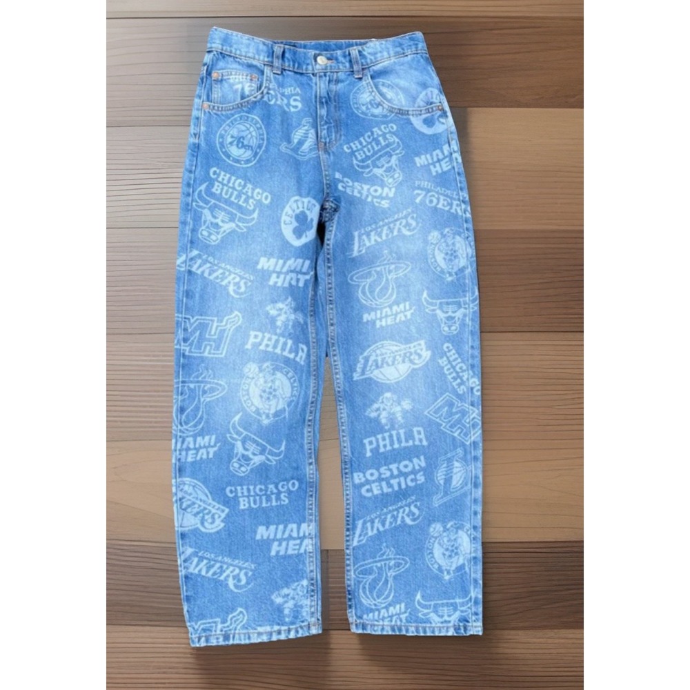 ZARA Youth‎ Size 13-14 NBA Team Name & Logo Jeans Wide Leg Relaxed Fit